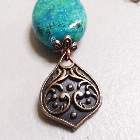 Chrysacolla! Ornate + Heavy Copper Statement Y Necklace - Perfect Fall Necklace! - Picture 4 of 8